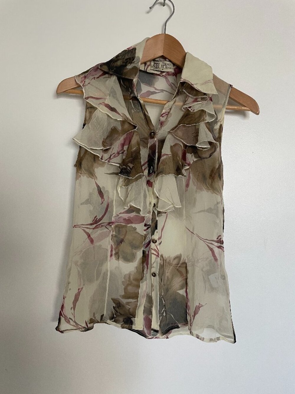 Silk Sheer Ruffled Floral Button-Front Tank - Cream, Olive & Mauve
